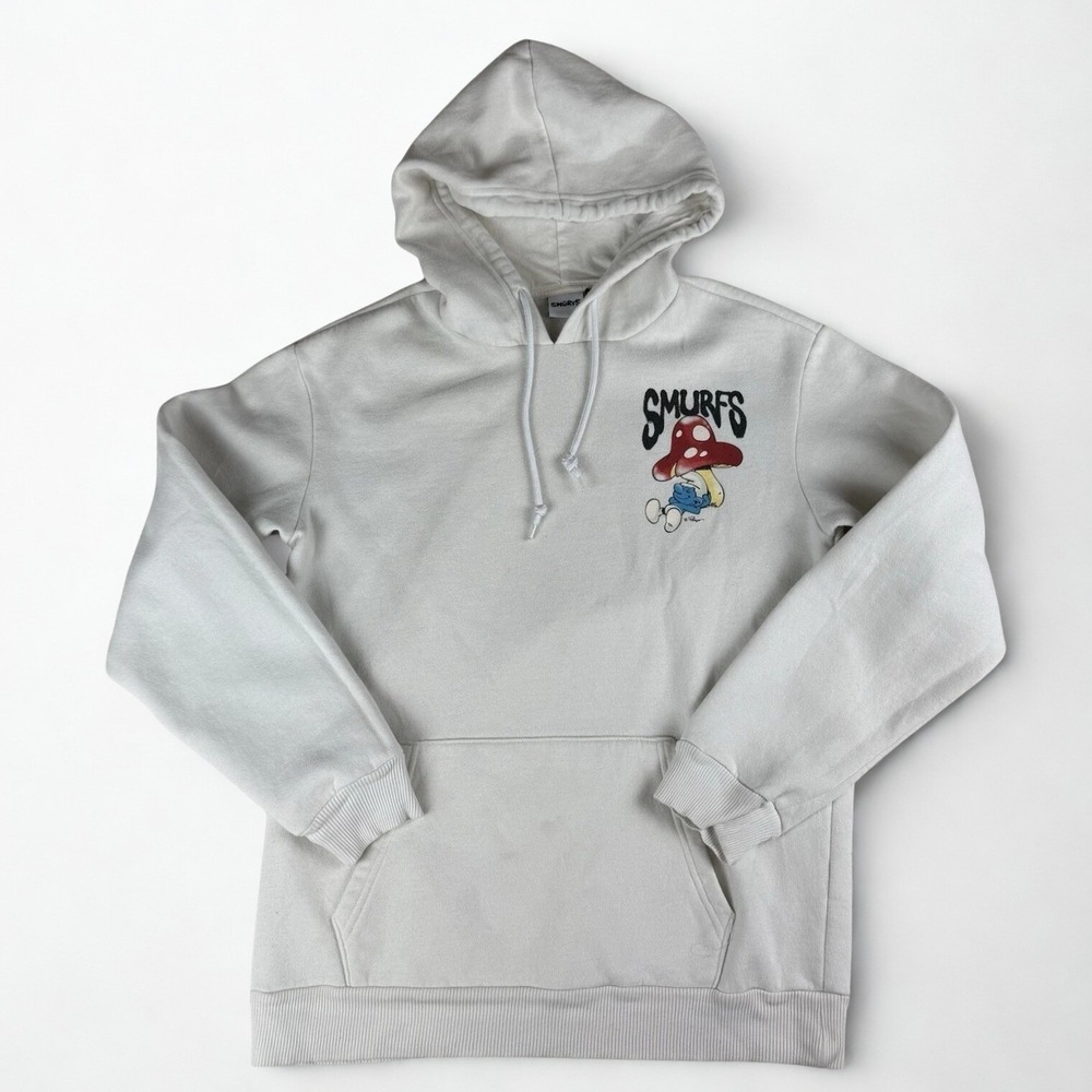 Smurfs Graphic Pullover Hoodie Small White Mushroom‎ Cartoon Streetwear Airbrush - Picture 2 of 10